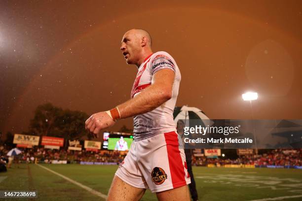 James Roby of the Saints walks off at half time during the World Club Challenge and NRL Trial Match between the Penrith Panthers and St Helens at...