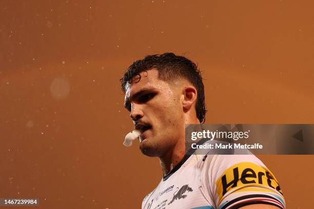 Nathan Cleary of the Panthers walks off at half time during the World Club Challenge and NRL Trial Match between the Penrith Panthers and St Helens...