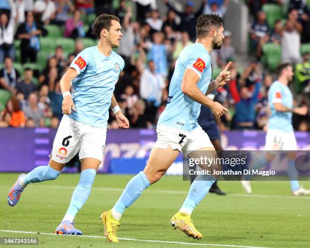 Mathew Leckie of City celebrates a goal during the round 17 A-League Men's match between Melbourne Victory and Melbourne City at AAMI Park, on...