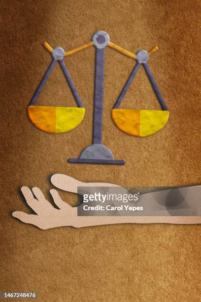 justice balance floating over a hand. - scales of justice concept stock pictures, royalty-free photos & images