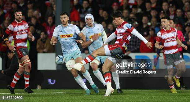 Louis Rees-Zammit of Gloucester kicks the ball upfield during the Gallagher Premiership Rugby match between Gloucester Rugby and Harlequins at...