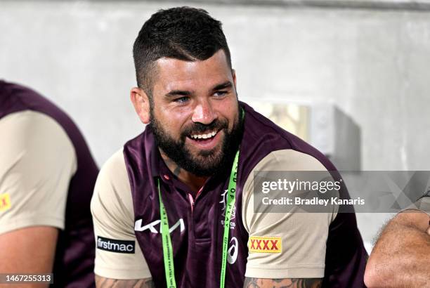 Adam Reynolds of the Broncos is seen on the sidelines during the NRL Trial Match between the Brisbane Broncos and the North Queensland Cowboys at...