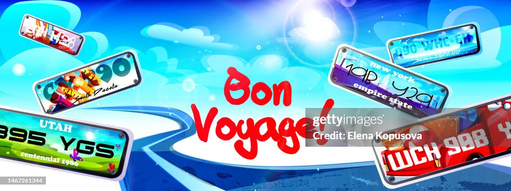 Travel and tourism concept in cartoon style. Asphalt road with car license plates against a clear sunny sky.