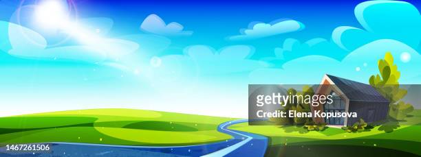 concept of road trip and country rest in cartoon style. sunny summer landscape with a country house near the road in the field. - garden in the cloud stock illustrations
