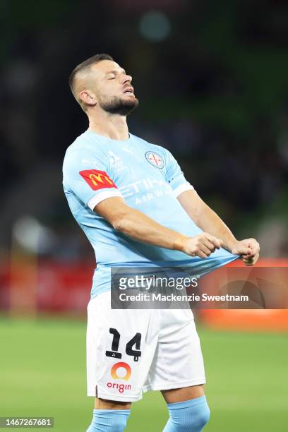Valon Berisha of Melbourne City looks dejected during the round 17 A-League Men's match between Melbourne Victory and Melbourne City at AAMI Park, on...