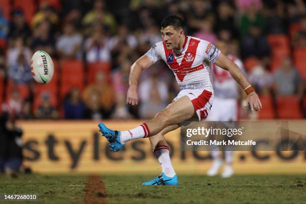 Lewis Dodd of the Saints kicks a field goal to win the World Club Challenge and NRL Trial Match between the Penrith Panthers and St Helens at BlueBet...