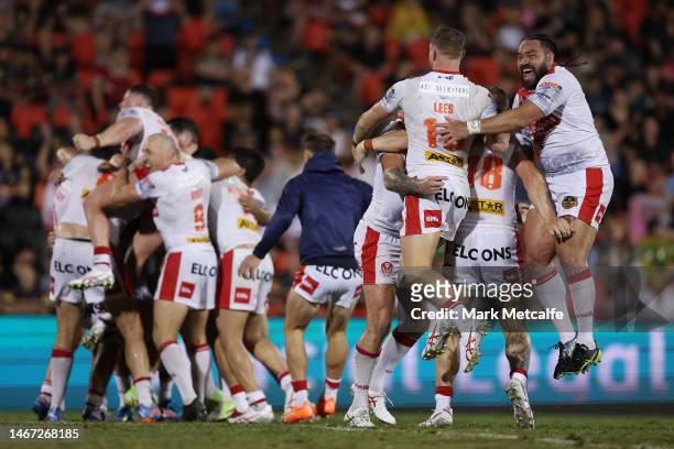 St Helens celebrate winning the World Club Challenge and NRL Trial Match between the Penrith Panthers and St Helens at BlueBet Stadium on February...