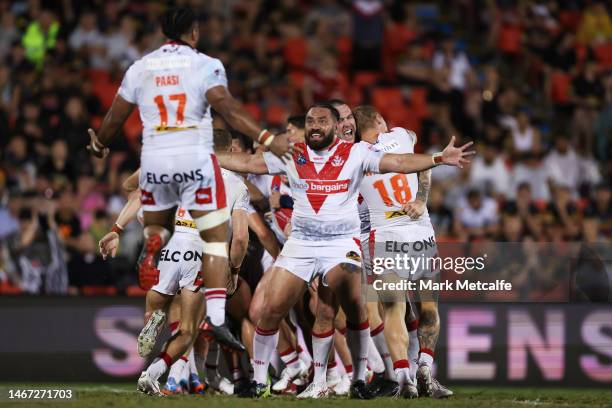 Konrad Hurrell of the Saints celebrate swinning the World Club Challenge and NRL Trial Match between the Penrith Panthers and St Helens at BlueBet...