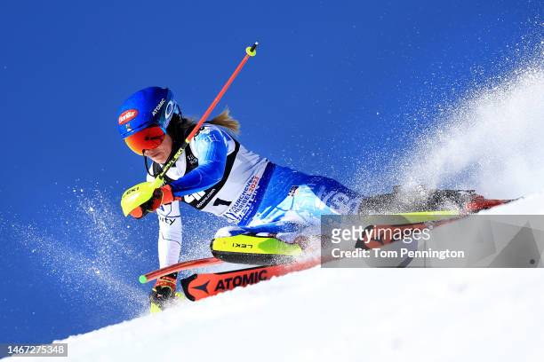 Mikaela Shiffrin of United States competes in their first run of Women's Slalom at the FIS Alpine World Ski Championships on February 18, 2023 in...