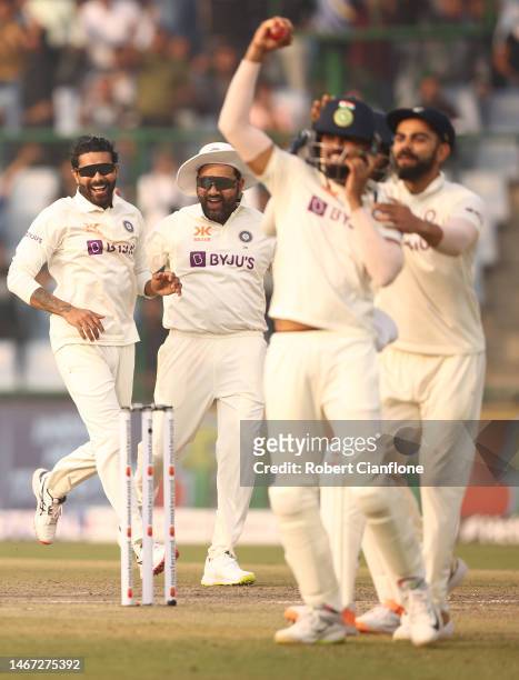 Ravindra Jadeja of India celebrates after combining with Shreyas Iyer of India to take the wicket of Usman Khawaja of Australia during day two of the...