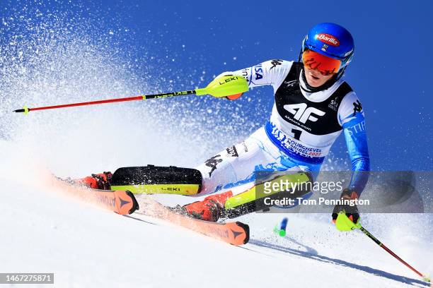 Mikaela Shiffrin of United States competes in their first run of Women's Slalom at the FIS Alpine World Ski Championships on February 18, 2023 in...