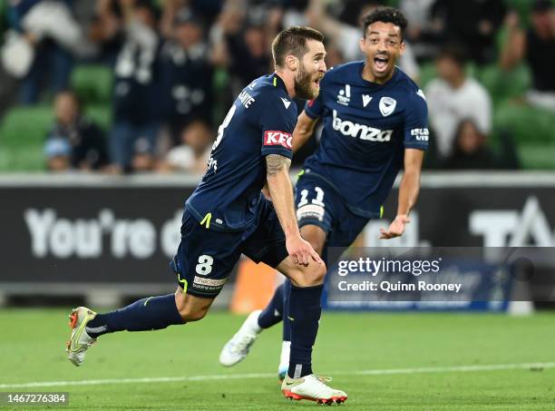 Joshua Brillante of the Victory celebrates scoring a goal during the round 17 A-League Men's match between Melbourne Victory and Melbourne City at...