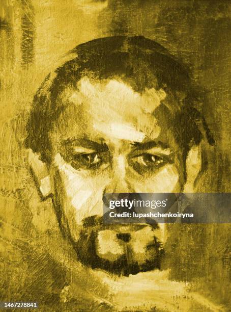 illustration oil painting portrait of a young man with dark hair and beard in sepia - 40 44 years stock illustrations