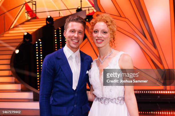 Anna Ermakova and Valentin Lusin attend the "Let's Dance - Wer Tanzt Mit Wem? Die Grosse Kennenlernshow" at MMC Studios on February 17, 2023 in...