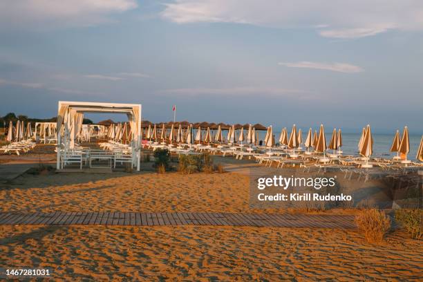 beach umbrellas and chairs at sunset, bibione, italy - bibione stock pictures, royalty-free photos & images