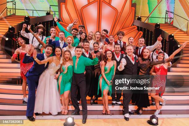 All participants pose on stage during the "Let's Dance - Wer Tanzt Mit Wem? Die Grosse Kennenlernshow" at MMC Studios on February 17, 2023 in...