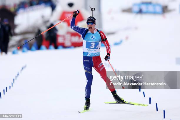 Quentin Fillon Maillet of France approaches the finish line to win the Men 4x7.5 km Relay for France at the IBU World Championships Biathlon Oberhof...