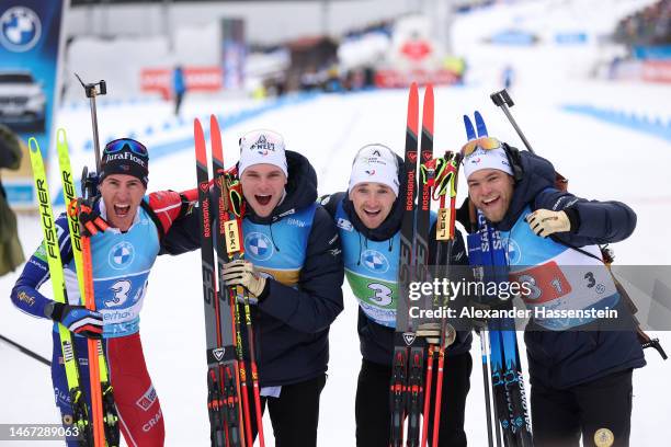 Gold medalists Quentin Fillon Maillet of France, Emilien Jacquelin of France, Fabien Claude of France and Antonin Guigonnat of France celebrate after...