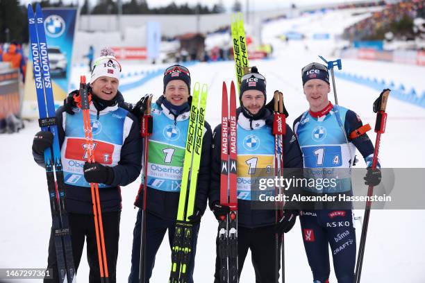 Silver medalists Vetle Sjaastad Christiansen of Norway, Tarjei Boe of Norway, Sturla Holm Laegreid of Norway and Johannes Thingnes Boe of Norway pose...