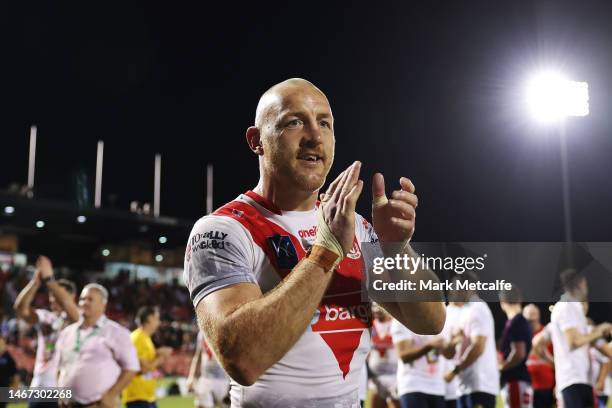 James Roby of the Saints celebrates with fans after winning the World Club Challenge and NRL Trial Match between the Penrith Panthers and St Helens...