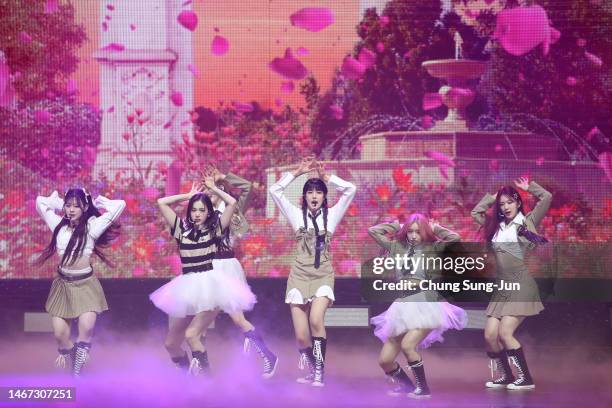 Sumin, Sieun, Isa, Seeun, Yoon and J of girl group STAYC perform during the Circle Chart Music Awards on February 18, 2023 in Seoul, South Korea.