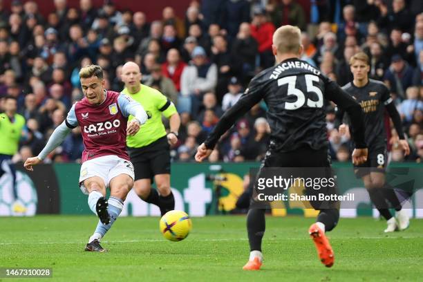 Philippe Coutinho of Aston Villa scores the team's second goal during the Premier League match between Aston Villa and Arsenal FC at Villa Park on...