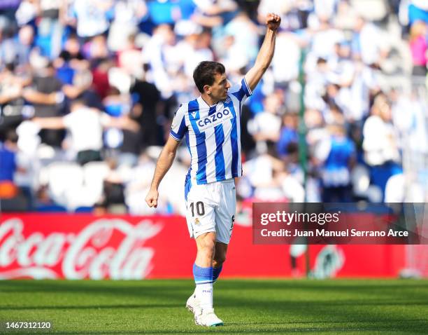 Mikel Oyarzabal of Real Sociedad celebrates after scoring the team's first goal during the LaLiga Santander match between Real Sociedad and RC Celta...