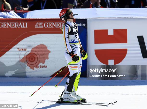 Lena Duerr of Germany celebrates after their second run of Women's Slalom at the FIS Alpine World Ski Championships on February 18, 2023 in Meribel,...