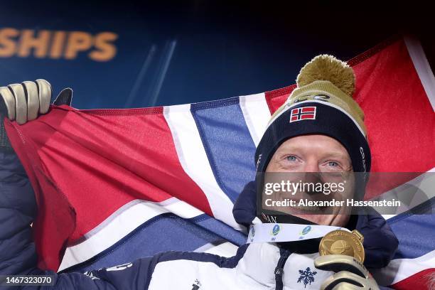 Gold medalists Johannes Thingnes Boe of Norway poses for a photo during the medal ceremony for the Single Mixed Relay at the IBU World Championships...