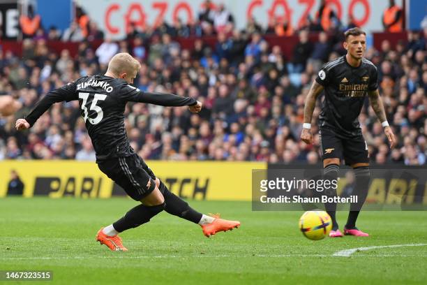 Oleksandr Zinchenko of Arsenal scores the team's second goal during the Premier League match between Aston Villa and Arsenal FC at Villa Park on...