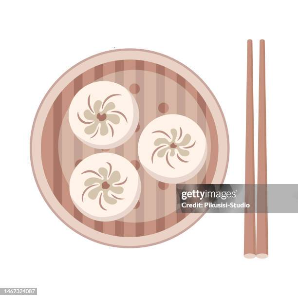 Traditional Chinese Dumplings In A Bamboo Steamer Basket Asian Cuisine High-Res Vector Graphic