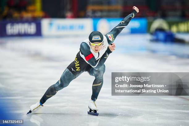 Yuma Murakami of Japan competes in the Men's 500m during the ISU World Cup Speed Skating Final at Arena Lodowa on February 18, 2023 in Tomaszow...