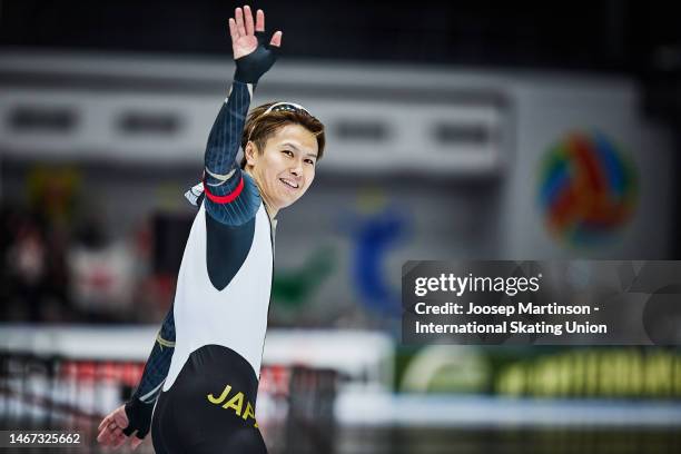 Yuma Murakami of Japan reacts in the Men's 500m during the ISU World Cup Speed Skating Final at Arena Lodowa on February 18, 2023 in Tomaszow...