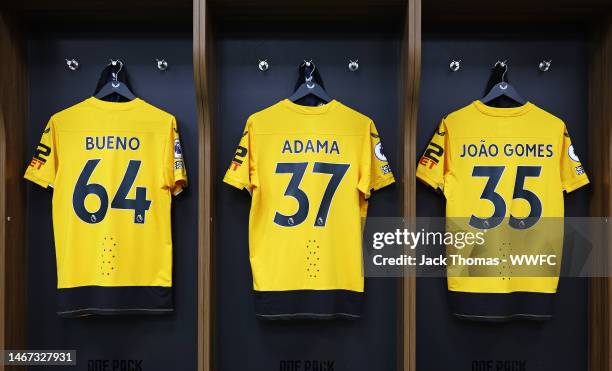 The shirts of Hugo Bueno, Adama Traore and Joao Gomes of Wolverhampton Wanderers are displayed inside the dressing room prior to the Premier League...