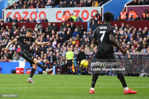 Jorginho of Arsenal scores the team's third goal during the Premier League match between Aston Villa and Arsenal FC at Villa Park on February 18,...