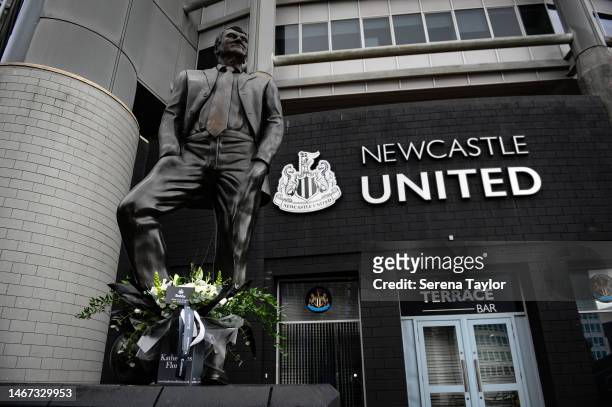 Flowers laid at Sir Bobby Robson's statue for what would have been his 90th Birthday during the Premier League match between Newcastle United and...
