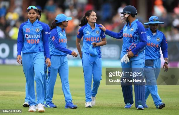 Renuka Thakur of India looks on after taking 5 wickets during the ICC Women's T20 World Cup group B match between England and India at St George's...