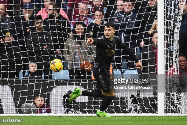 Gabriel Martinelli of Arsenal celebrates after scoring the team's fourth goal during the Premier League match between Aston Villa and Arsenal FC at...