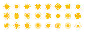 Sun icon set. Yellow sun star icons collection. Summer, sunlight, nature, sky. Vector illustration isolated on white background. Vector 10 eps.