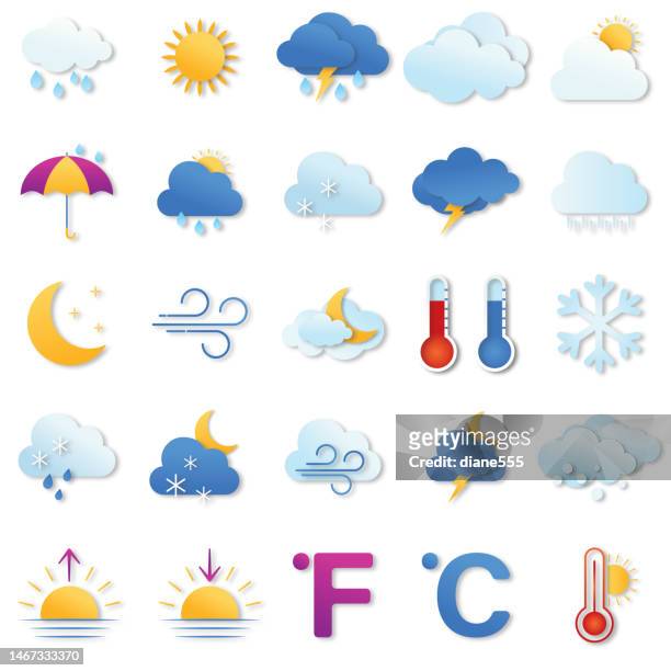 papierschnitt bunte wettersymbole auf transparentem hintergrund - weather stock-grafiken, -clipart, -cartoons und -symbole