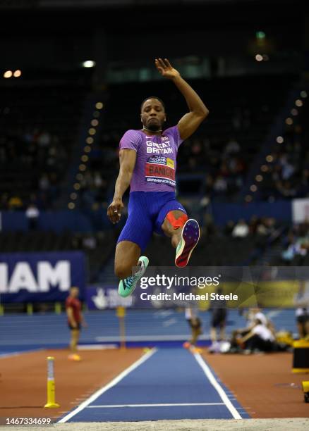 Reynold Banigo of Great Britain competes in the Men's long jump final during day one of the UK Athletics Indoor Championships at Utilita Arena...