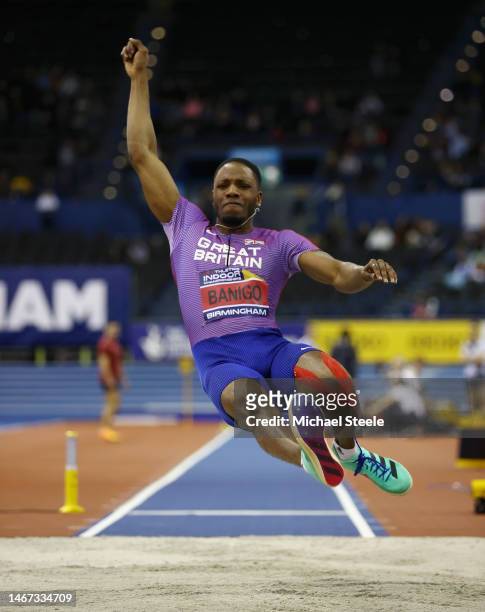 Reynold Banigo of Great Britain competes in the Men's long jump final during day one of the UK Athletics Indoor Championships at Utilita Arena...