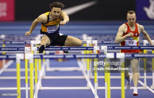 Callum Holder of Great Britain competes in the Men's 60m hurdles heats during day one of the UK Athletics Indoor Championships at Utilita Arena...