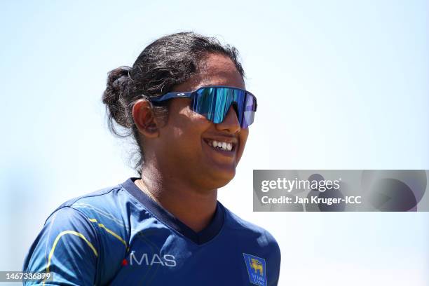 Chamari Athapaththu looks on during a Sri Lanka nets session, part of the ICC Women's T20 World Cup South Africa at Boland Park on February 18, 2023...