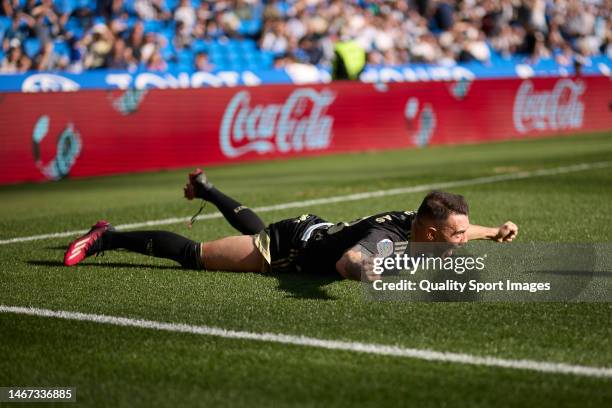 Iago Aspas of RC Celta de Vigo celebrates after scoring his team's first goal during the LaLiga Santander match between Real Sociedad and RC Celta at...