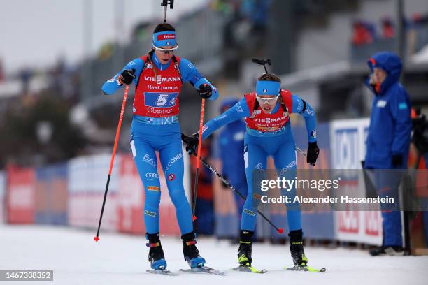 Hannah Auchentaller of Italy changes over to Lisa Vittozzi of Italy in the last exchange during the Women 4x6 km Relay at the IBU World Championships...