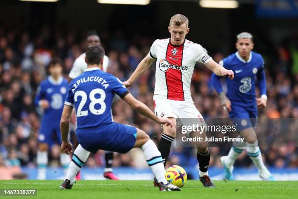 James Ward-Prowse of Southampton is challenged by Cesar Azpilicueta of Chelsea during the Premier League match between Chelsea FC and Southampton FC...