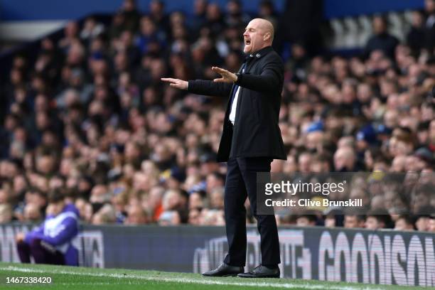 Sean Dyche, Manager of Everton, reacts during the Premier League match between Everton FC and Leeds United at Goodison Park on February 18, 2023 in...