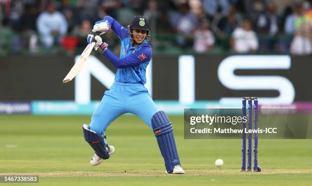 Smriti Mandhana of India plays a shot during the ICC Women's T20 World Cup group B match between England and India at St George's Park on February...