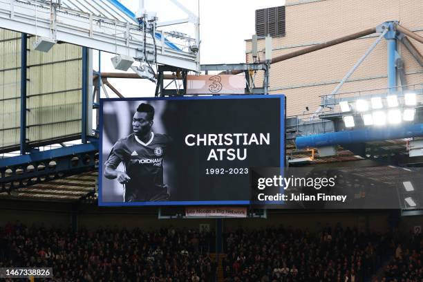 Detailed view of The LED board which shows the tribute in memory of former Premier League player Christian Atsu, who was recovered from the rubble of...